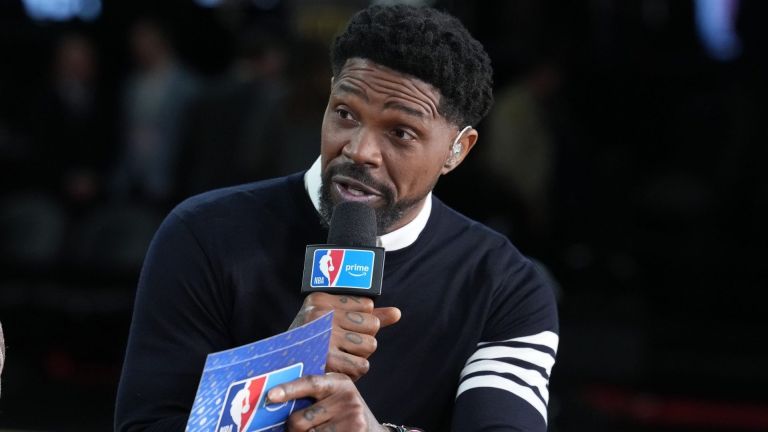 Dec 13, 2025; Las Vegas, Nevada, USA; NBA on Amazon studio analyst Udonis Haslem during the NBA Cup semifinals at T-Mobile Arena. Mandatory Credit: Kirby Lee-Imagn Images