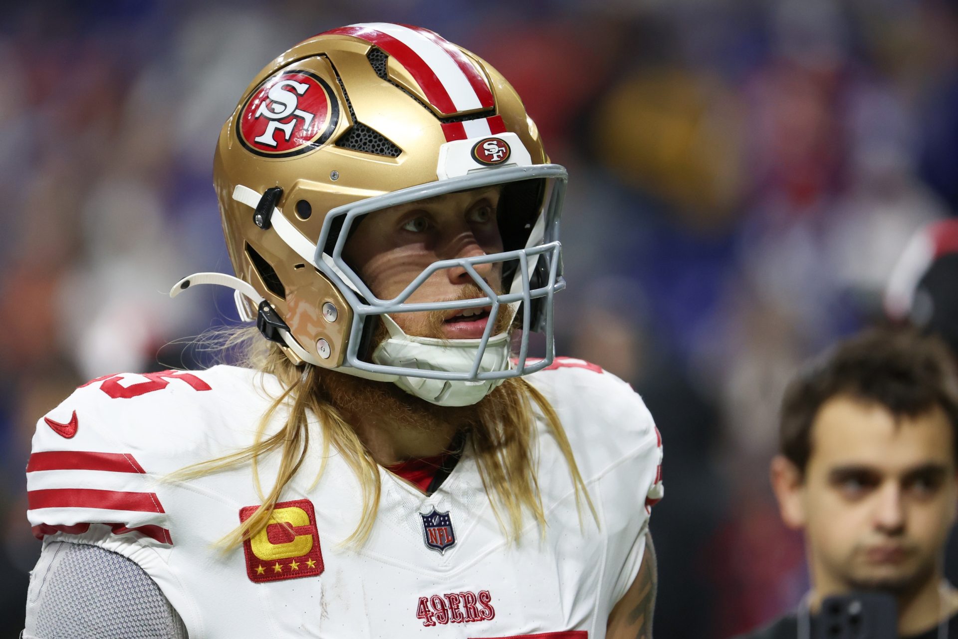 Dec 22, 2025; Indianapolis, Indiana, USA; San Francisco 49ers tight end George Kittle (85) looks on during warmups before the game against the Indianapolis Colts at Lucas Oil Stadium.