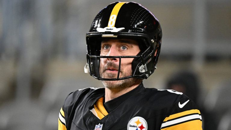 Jan 12, 2026; Pittsburgh, PA, USA; Pittsburgh Steelers quarterback Aaron Rodgers (8) warms up before an AFC Wild Card Round game against the Houston Texans at Acrisure Stadium. Mandatory Credit: Barry Reeger-Imagn Images