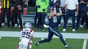 Feb 8, 2026; Santa Clara, CA, USA; Seattle Seahawks wide receiver Cooper Kupp (10) catches a pass against New England Patriots cornerback Marcus Jones (25) in the first half in Super Bowl LX at Levi's Stadium.