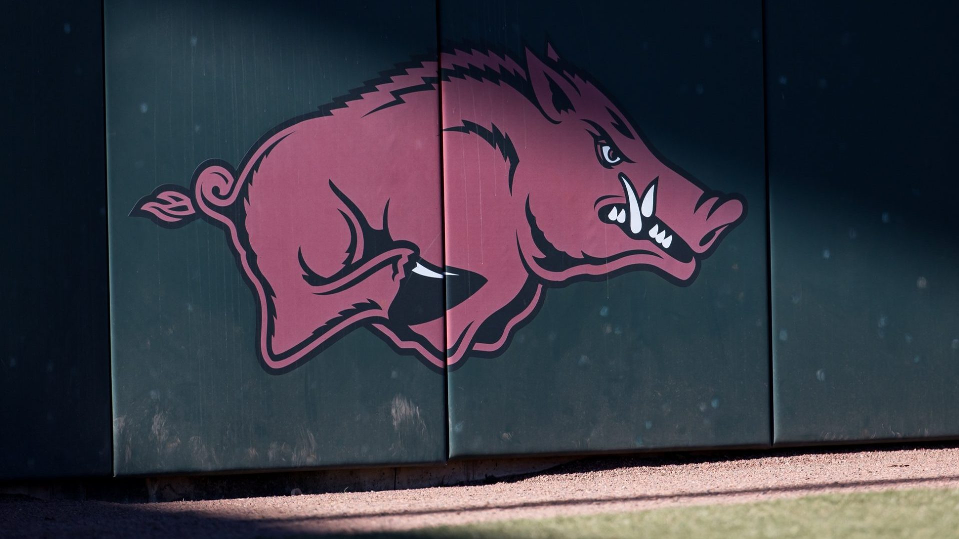 Feb 6, 2026; Fayetteville, AR, USA; The Arkansas Razorbacks logo is displayed behind home plate during the Arkansas Razorbacks scrimmage at Baum-Walker Stadium