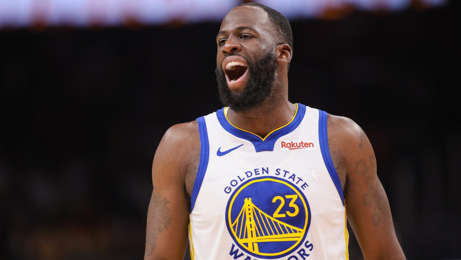 Mar 21, 2026; Atlanta, Georgia, USA; Golden State Warriors forward Draymond Green (23) reacts to a call against the Atlanta Hawks in the second quarter at State Farm Arena. Mandatory Credit: Brett Davis-Imagn Images