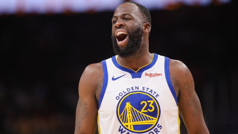 Mar 21, 2026; Atlanta, Georgia, USA; Golden State Warriors forward Draymond Green (23) reacts to a call against the Atlanta Hawks in the second quarter at State Farm Arena. Mandatory Credit: Brett Davis-Imagn Images