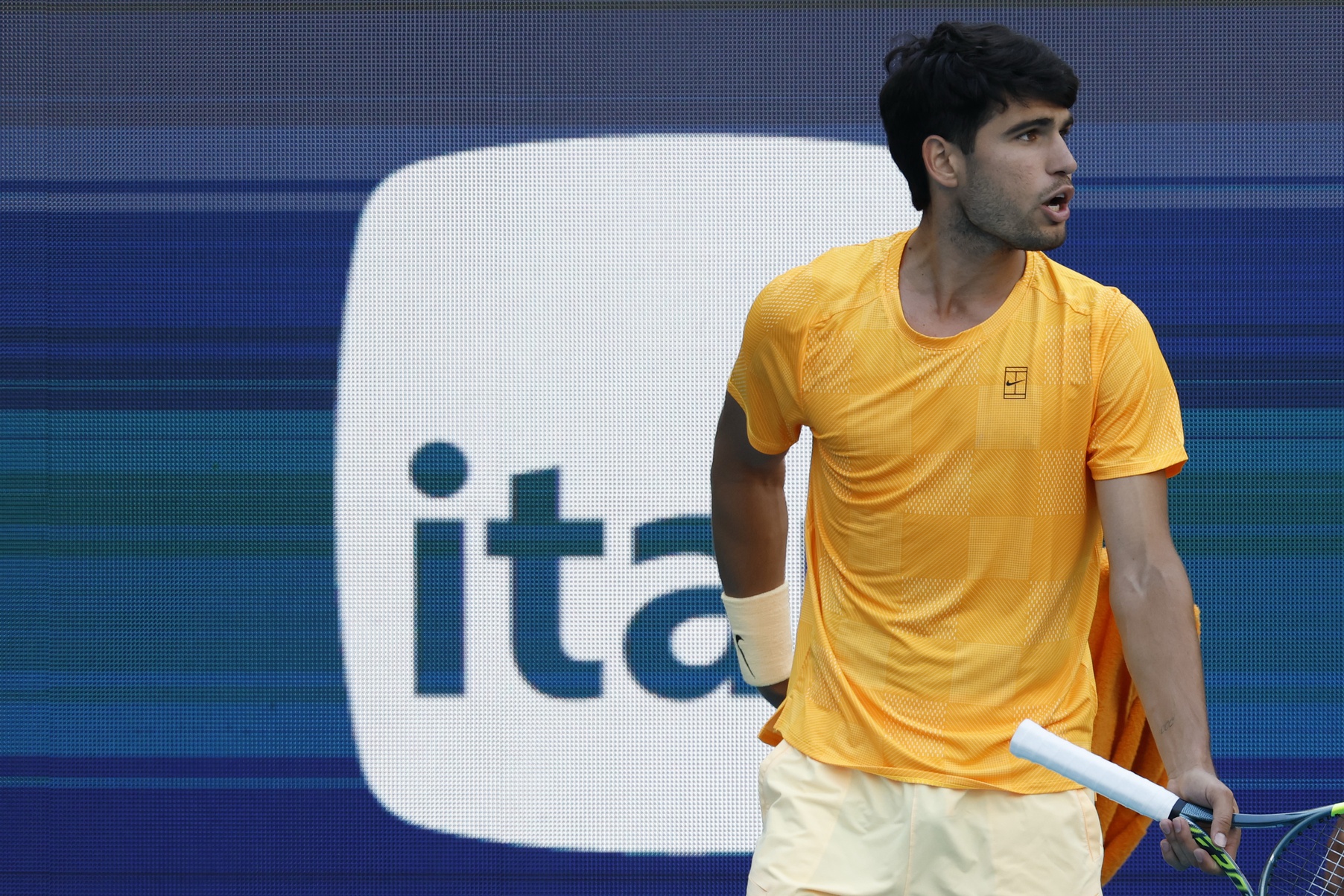Mar 22, 2026; Miami Gardens, FL, USA; Carlos Alcaraz (ESP) yells at his player's box between points against Sebastian Korda (USA) (not pictured) on day six of the 2026 Miami Open at Hard Rock Stadium.