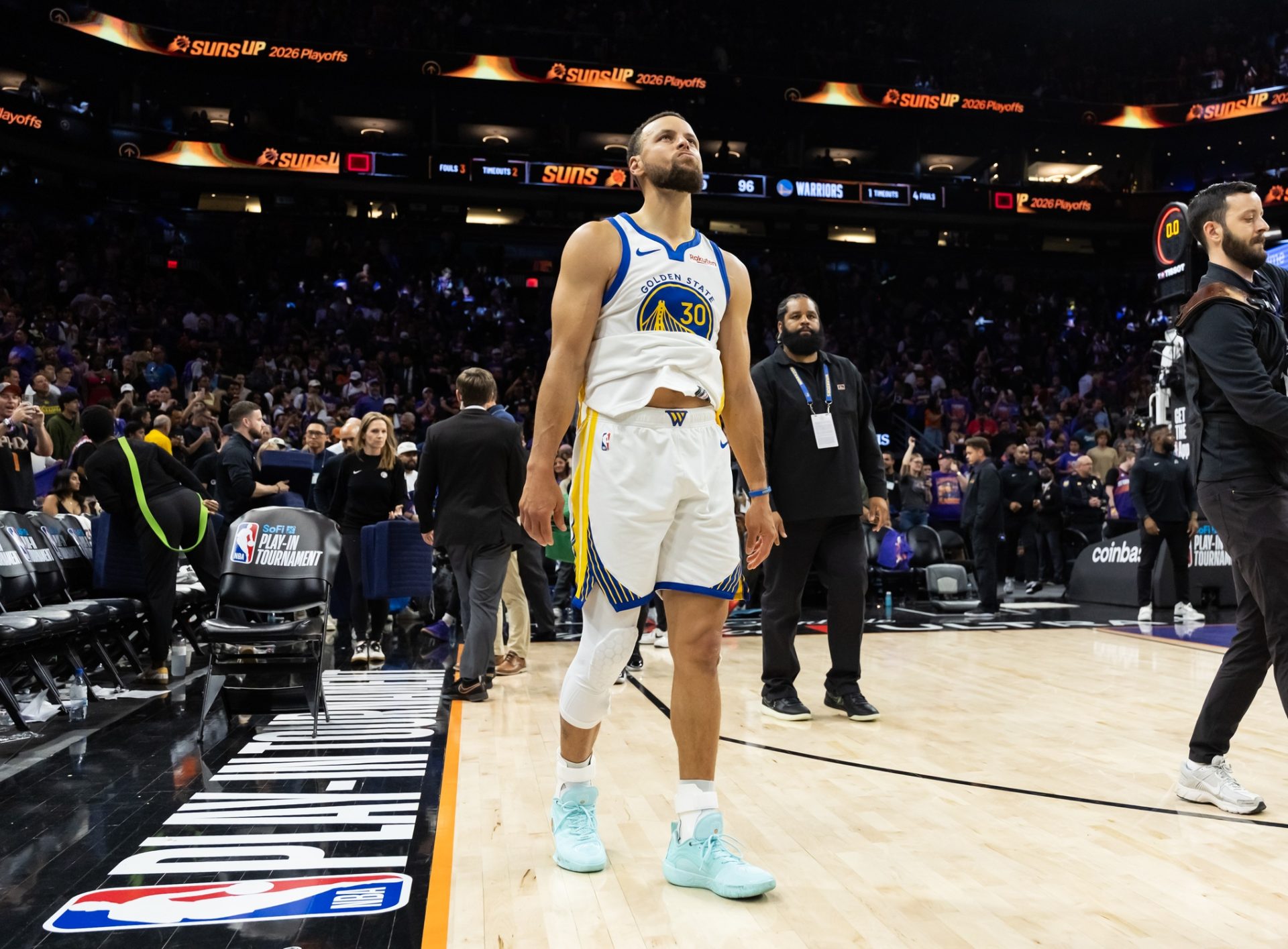 Apr 17, 2026; Phoenix, Arizona, USA; Golden State Warriors guard Stephen Curry (30) reacts after losing to the Phoenix Suns during the play-in rounds of the 2026 NBA Playoffs at Mortgage Matchup Center.