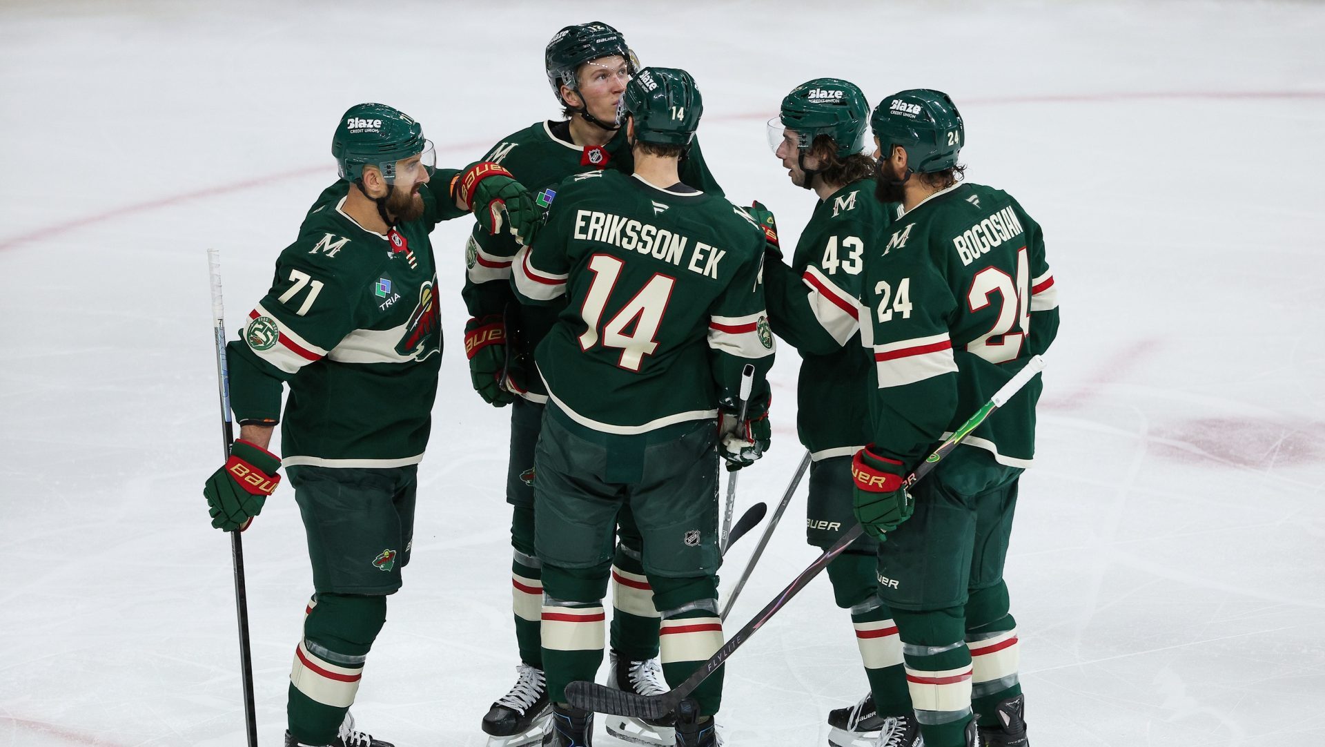 Apr 22, 2026; Saint Paul, Minnesota, USA; Minnesota Wild center Joel Eriksson Ek (14) celebrates his goal with teammates during the second period in game three of the first round of the 2026 Stanley Cup Playoffs against the Dallas Stars at Grand Casino Arena.