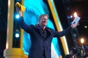 Apr 23, 2026; Pittsburgh, PA, USA; NFL commissioner Roger Goodell holds a Terrible Towel during the 2026 NFL Draft at Acrisure Stadium.