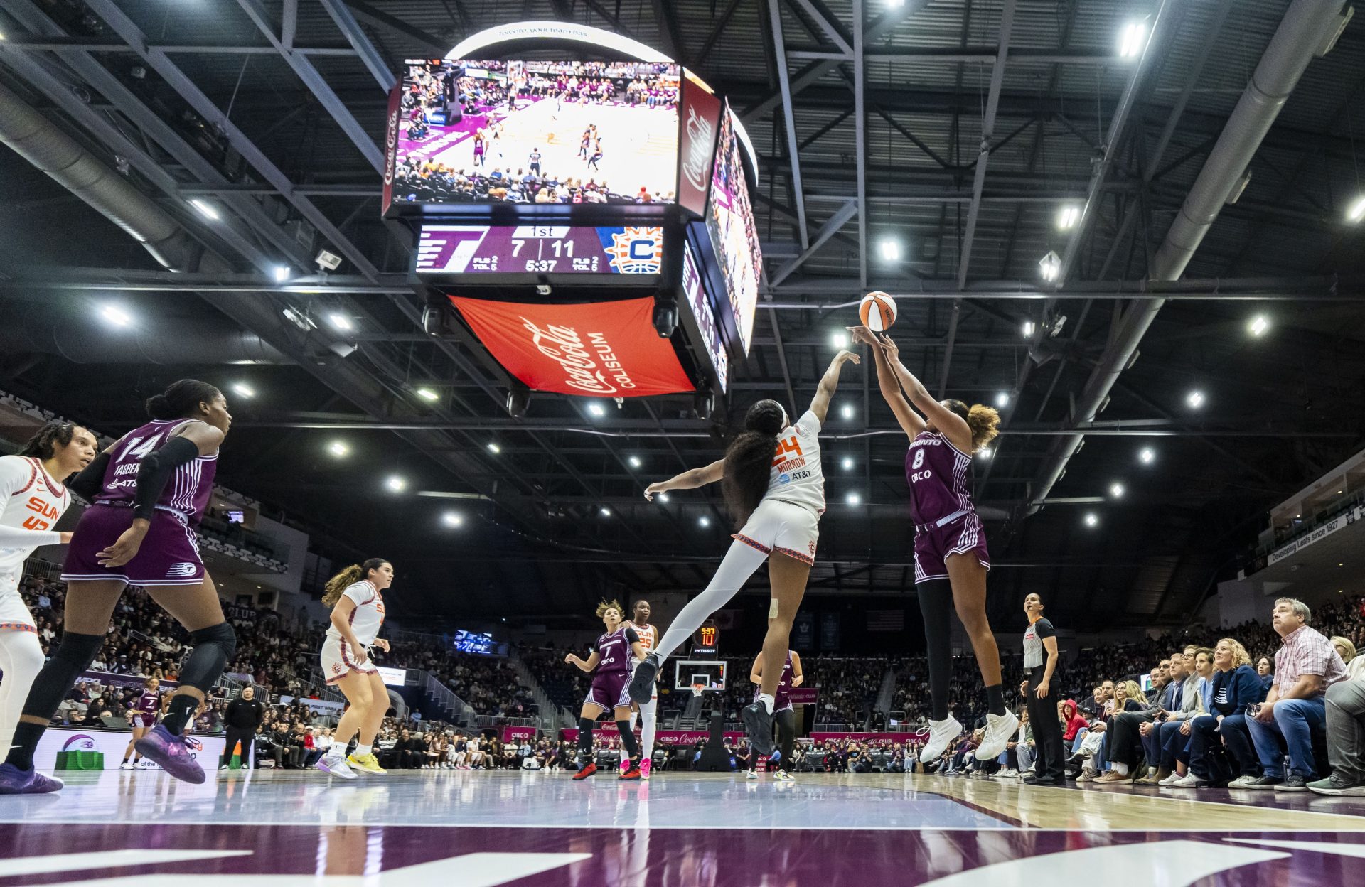 Apr 29, 2026; Toronto, ON, Canada; Toronto Tempo center Nyara Sabally (8) shoots against Connecticut Sun forward Aneesah Morrow (24) during the first half at Coca-Cola Coliseum.
