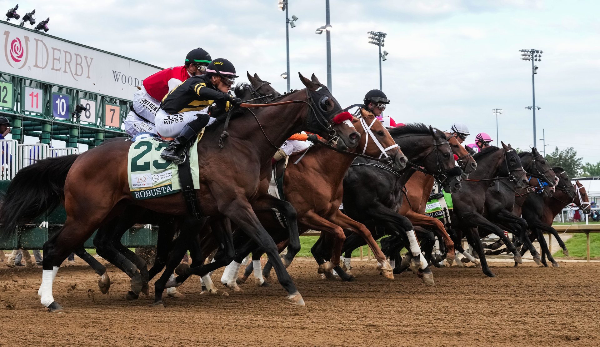 The field of horses leave the starting gate ahead of the 152nd running of the Kentucky Derby at Churchill Downs on Saturday, May 2, 2026.