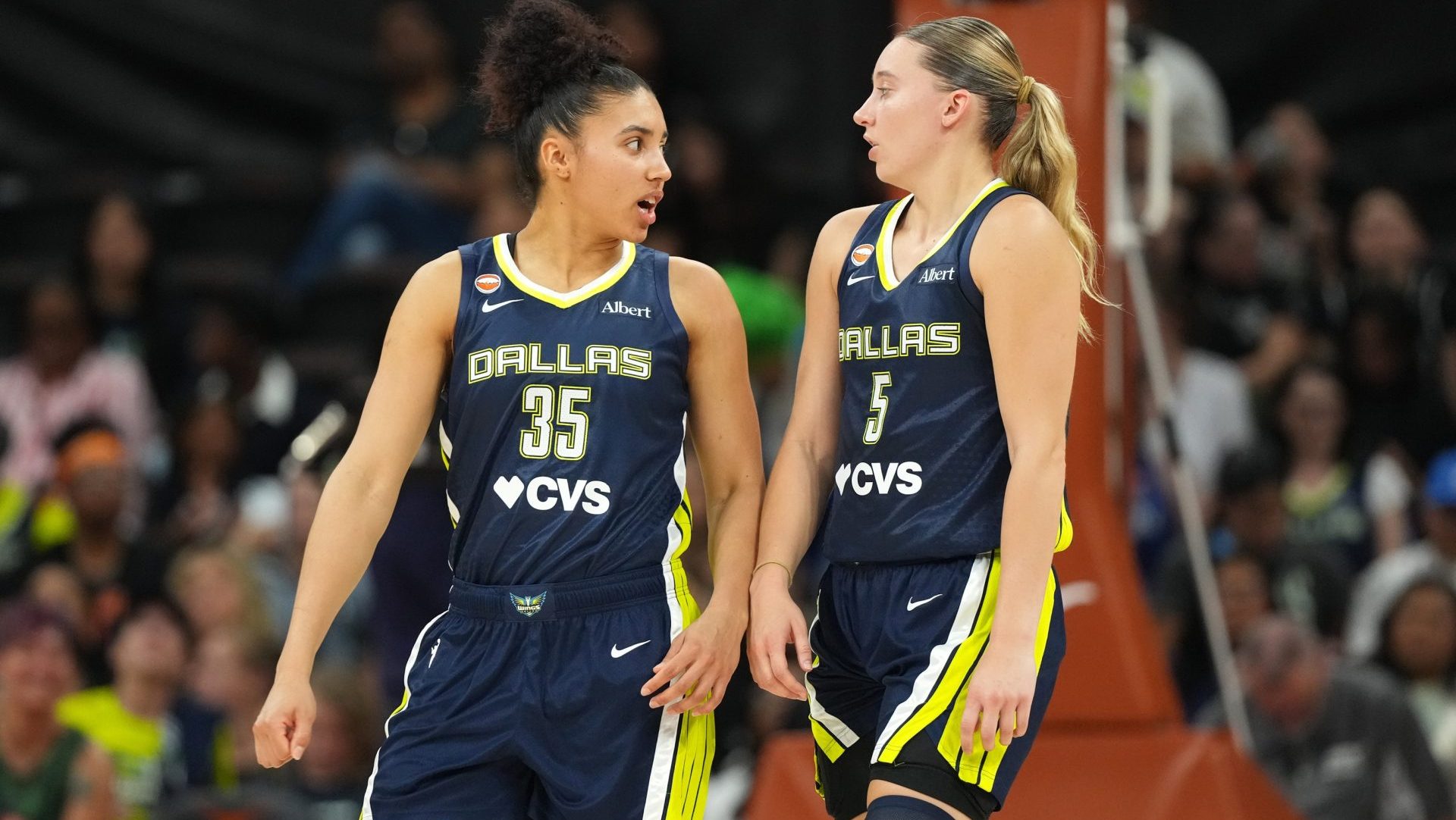 May 3, 2026; Austin, TX, USA; Dallas Wings guards Azzi Fudd (35) and Paige Bueckers (5) at the start of the second half against the Las Vegas Aces at Moody Center. Mandatory Credit: Scott Wachter-Imagn Images