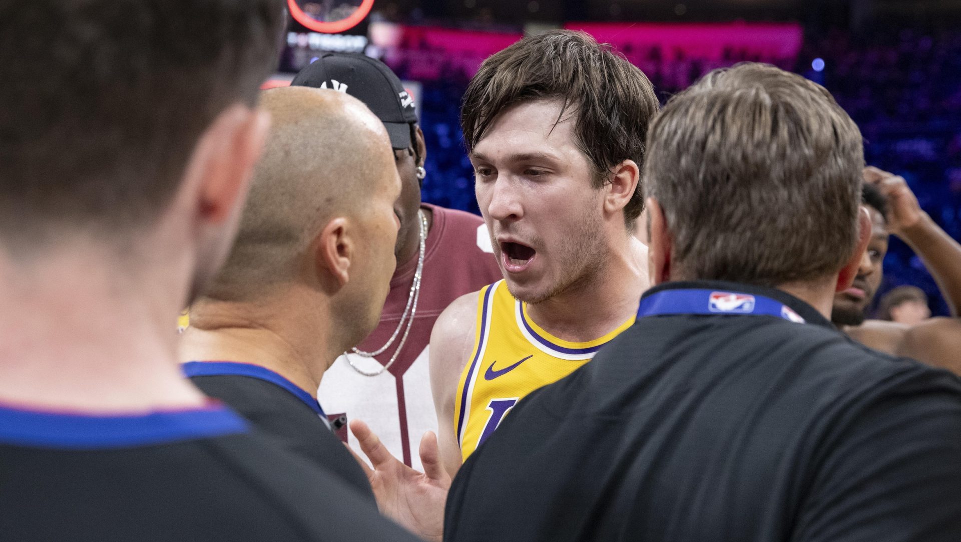 May 7, 2026; Oklahoma City, Oklahoma, USA; Los Angeles Lakers guard Austin Reaves (15) talks to an referee John Goble mid court after the end of game two of the second round of the 2026 NBA Playoffs against the Oklahoma City Thunder at Paycom Center. Mandatory Credit: Alonzo Adams-Imagn Images