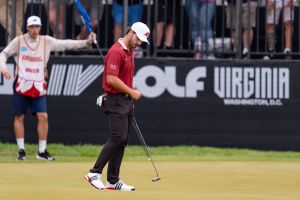 May 10, 2026; Sterling, Virginia, USA; Josele Ballester celebrates a putt during the final round of LIV Golf Virginia golf tournament at Trump National Golf Club.