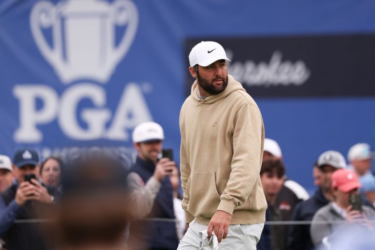 May 11, 2026; Newtown Square, Pennsylvania, Scottie Scheffler walks to the the eleventh hole during a practice round of the PGA Championship golf tournament at Aronimink Golf Club.