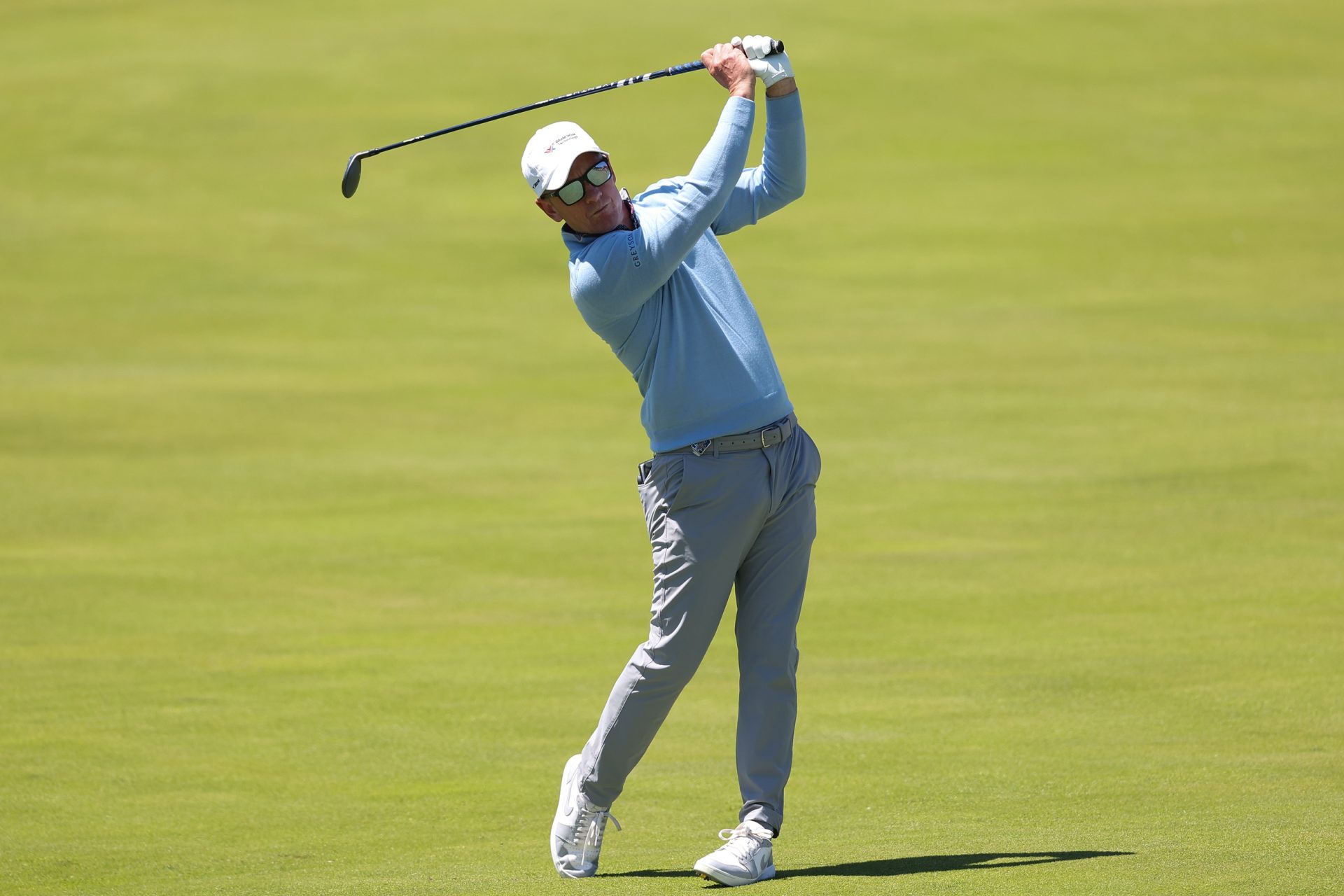 May 12, 2026; Newtown Square, Pennsylvania, Luke Donald plays a fairway shot during a practice round of the PGA Championship golf tournament at Aronimink Golf Club.