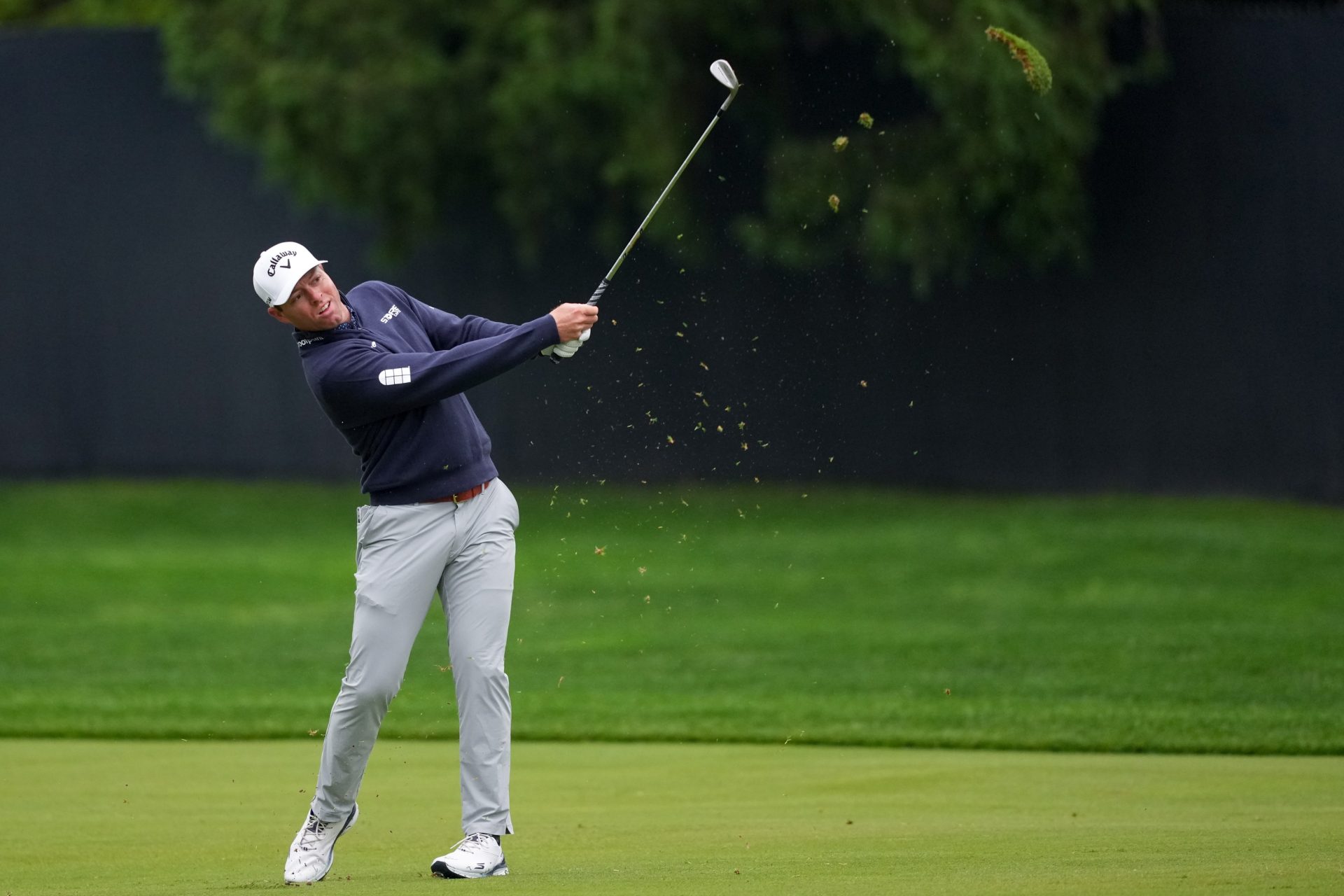 May 14, 2026; Newtown Square, Pennsylvania, USA; Max Greyserman plays his shot on the first hole during the first round of the PGA Championship golf tournament at Aronimink Golf Club.