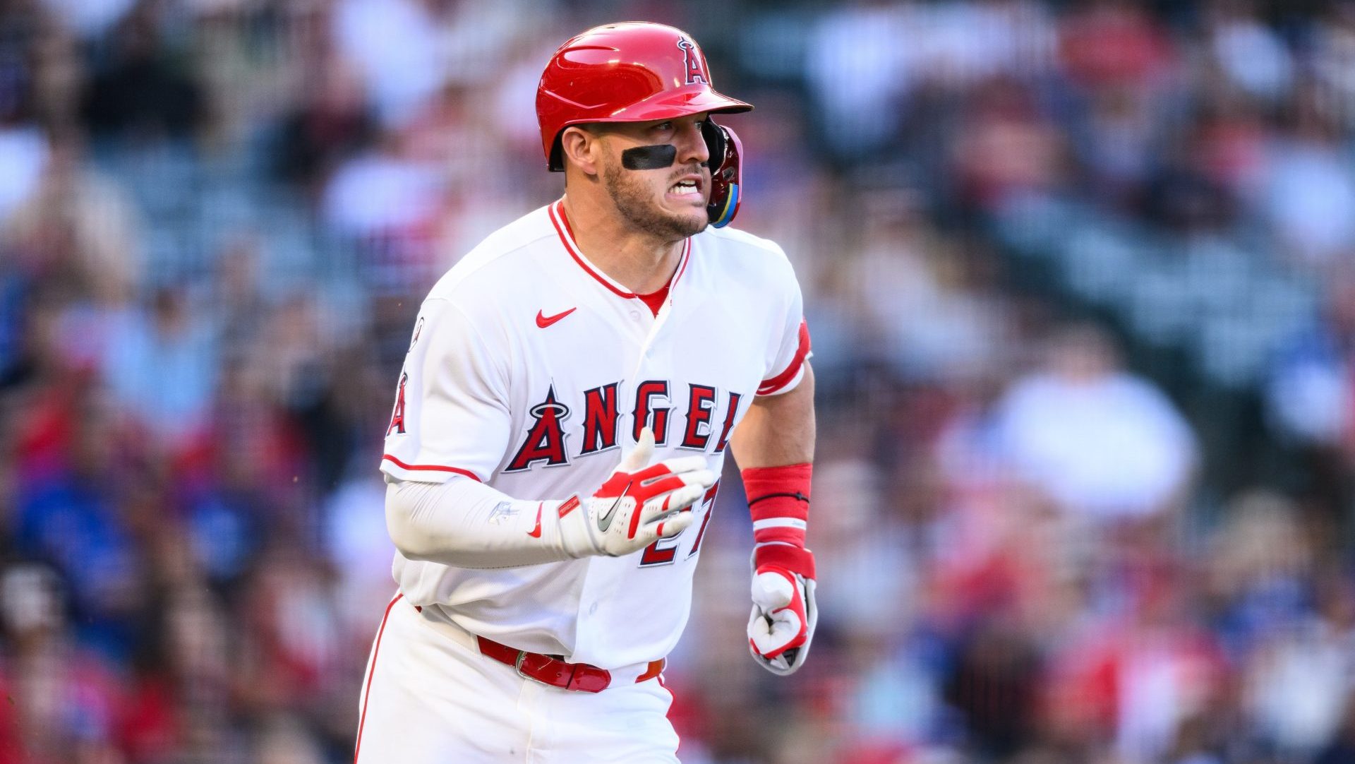 May 15, 2026; Anaheim, California, USA; Los Angeles Angels center fielder Mike Trout (27) runs during the first inning against the Los Angeles Dodgers at Angel Stadium. Mandatory Credit: William Liang-Imagn Images