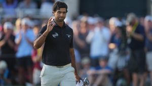 May 17, 2026; Newtown Square, Pennsylvania, USA; Aaron Rai reacts after finishing on the 18th hole during the final round of the PGA Championship golf tournament. Mandatory Credit: James Lang-Imagn Images