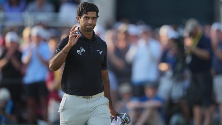 May 17, 2026; Newtown Square, Pennsylvania, USA; Aaron Rai reacts after finishing on the 18th hole during the final round of the PGA Championship golf tournament. Mandatory Credit: James Lang-Imagn Images
