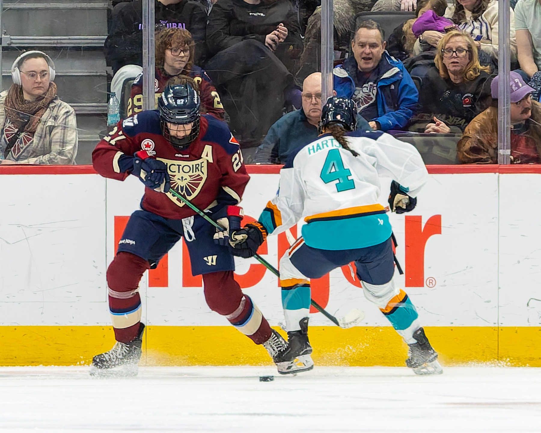 Shiann Darkangelo (27) of Brighton plays for the Montreal Victoire during a PWHL game against the New York Siren on March 28, 2026 at Little Caesars Arena.