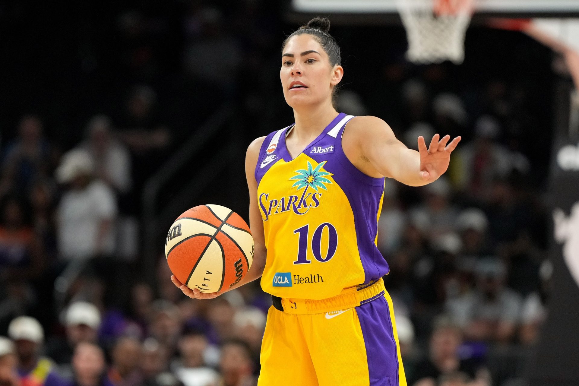 May 21, 2026; Phoenix, Arizona, USA; Los Angeles Sparks guard Kelsey Plum (10) calls out the play against the Phoenix Mercury in the first half at Mortgage Matchup Center.