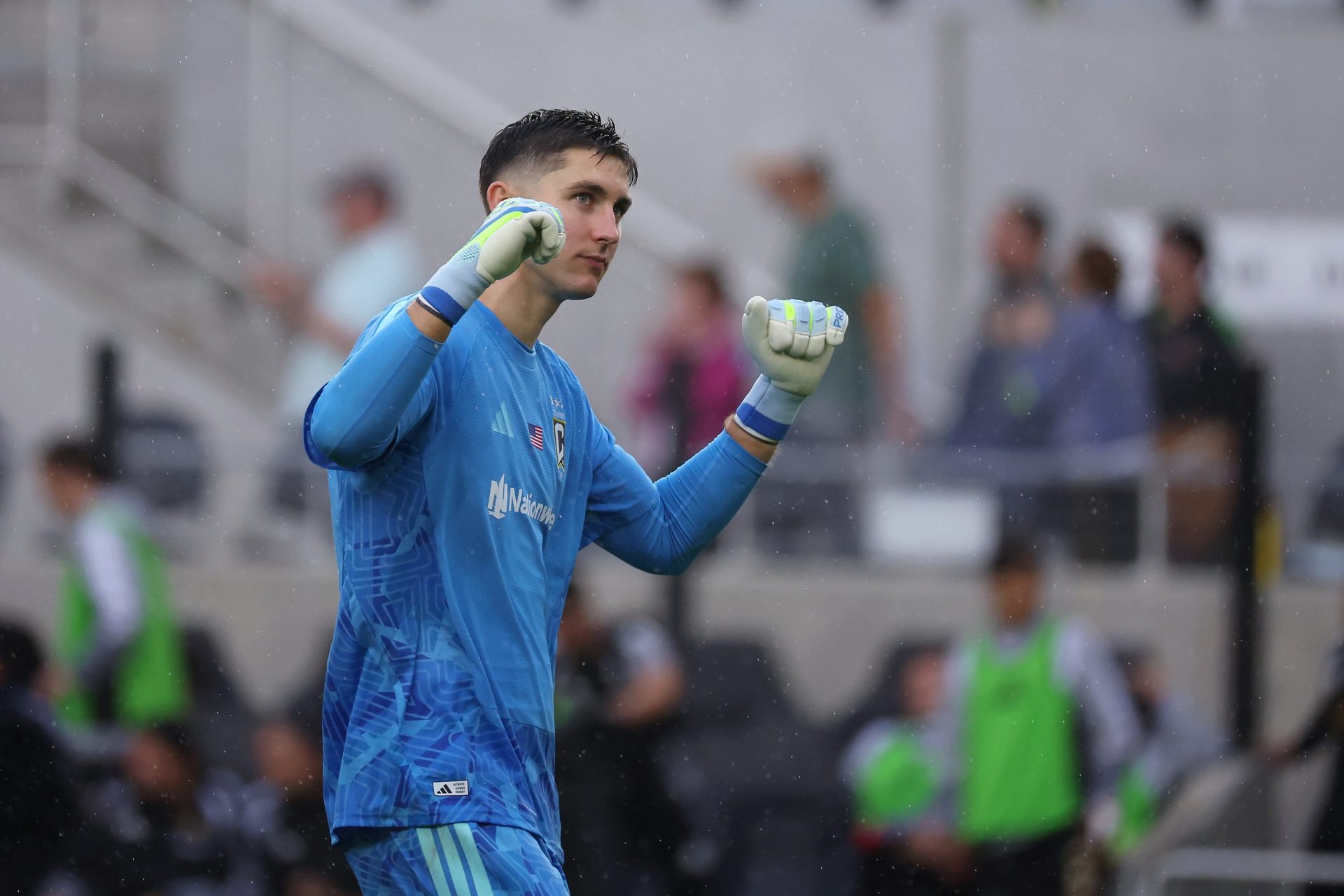 May 24, 2026; Columbus, Ohio, USA; Columbus Crew goalkeeper Patrick Schulte (28) celebrates the win as time expires during the second half against the Atlanta United at ScottsMiracle-Gro Field.
