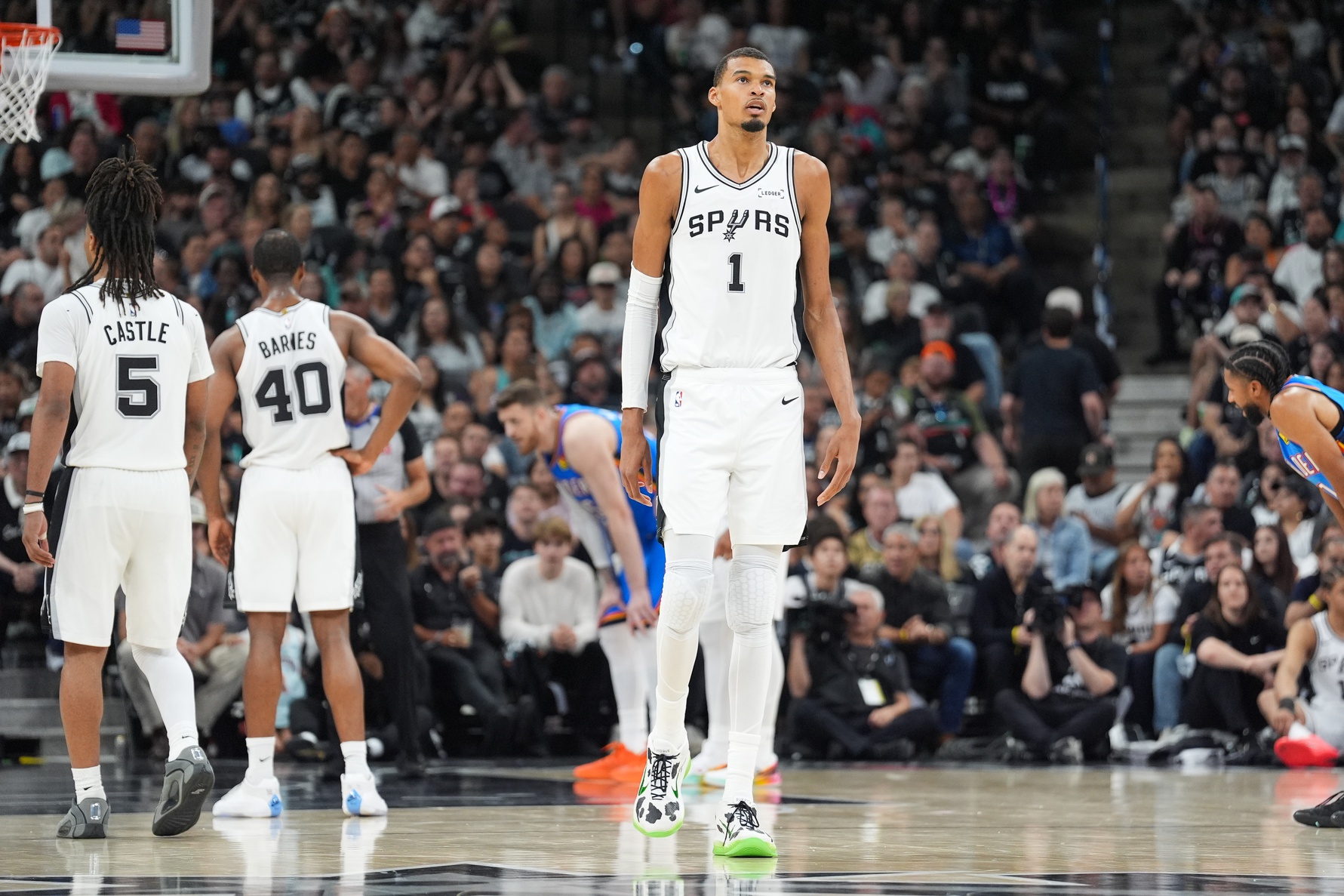 May 24, 2026; San Antonio, Texas, USA; San Antonio Spurs center Victor Wembanyama (1) looks on in the fourth quarter against the Oklahoma City Thunder during game four of the western conference finals for the 2026 NBA playoffs at Frost Bank Center.