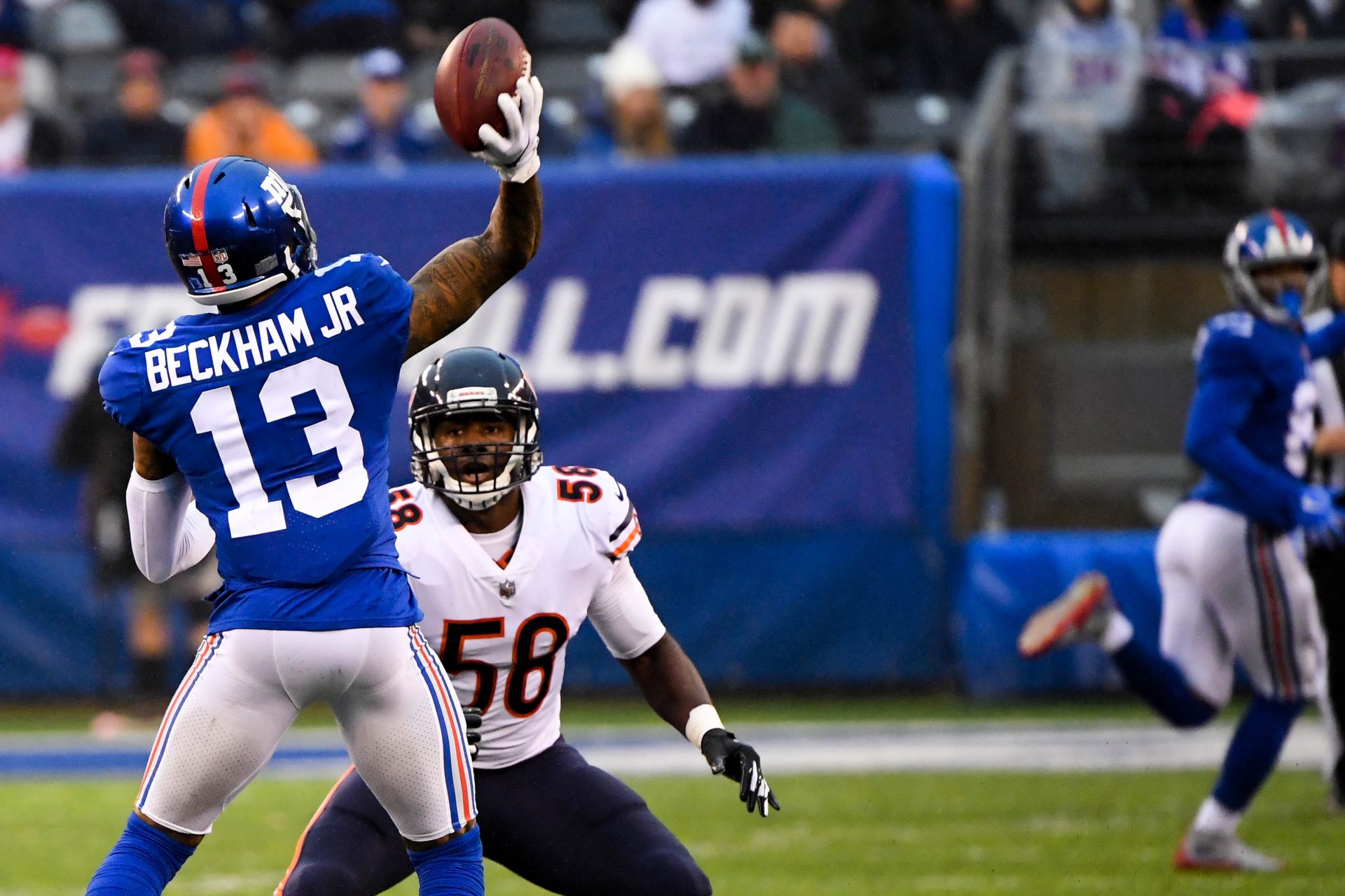 Dec 2, 2018; East Rutherford, NJ, USA; New York Giants wide receiver Odell Beckham Jr. (13) throws a touchdown pass to New York Giants wide receiver Russell Shepard (81) in the third quarter against the Bears at MetLife Stadium.