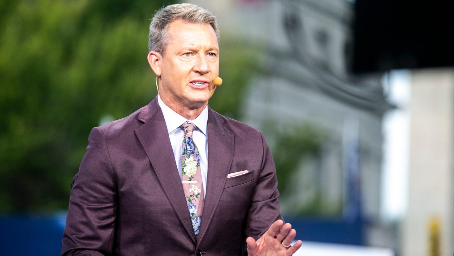 Rob Stone speaks during the Fox Sports Big Noon Kickoff NCAA football pregame show, Saturday, Oct. 9, 2021, at the Pentacrest in Iowa City, Iowa.