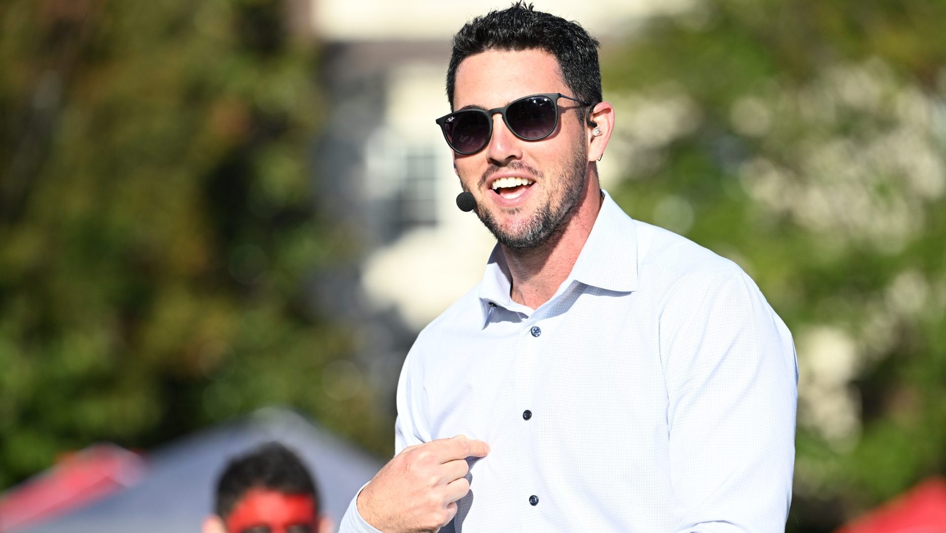 Athens, GA - October 7, 2023 - Myers Quad: University of Georgia Bulldog alumni Aaron Murray on the set of Marty & McGee.