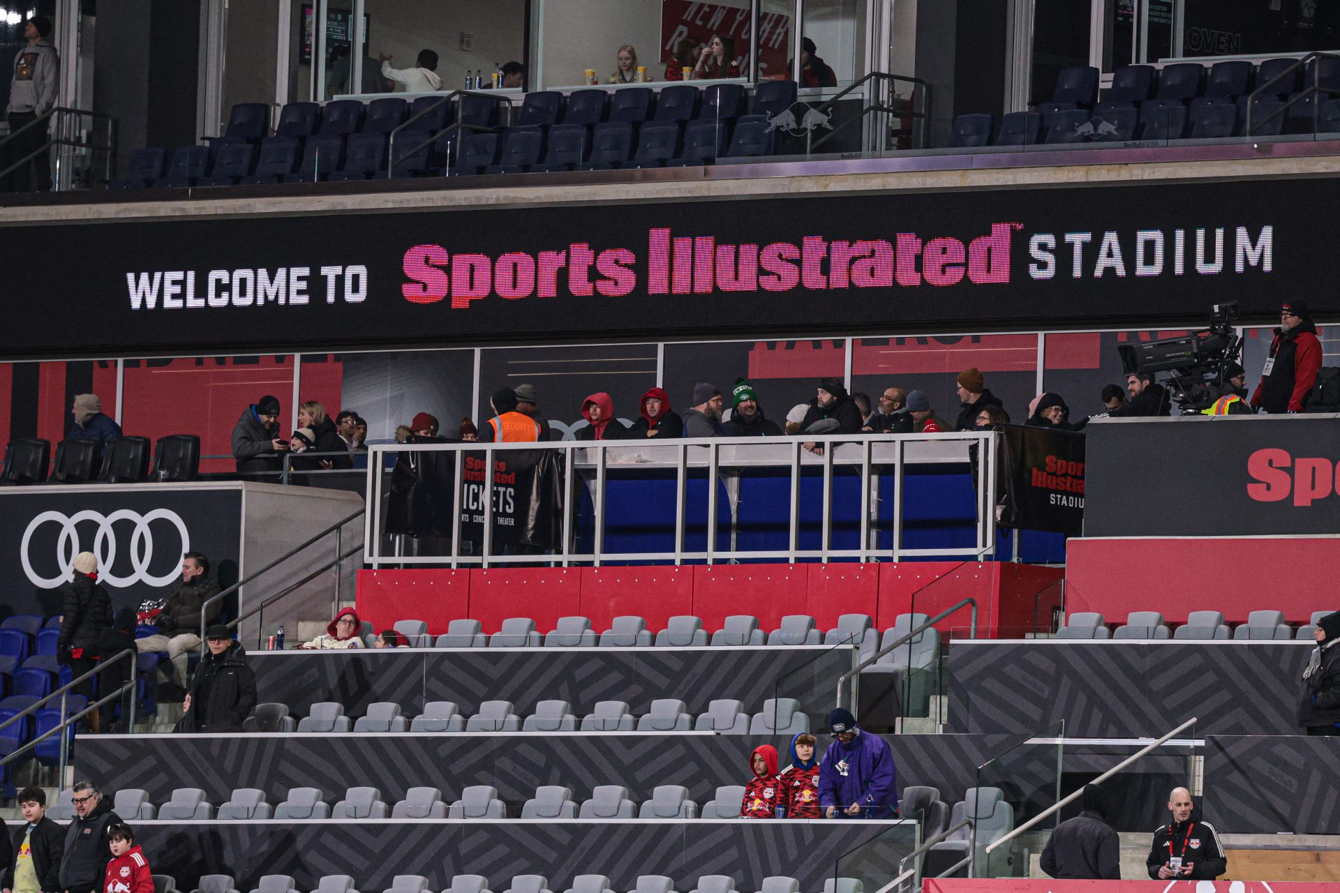 Mar 1, 2025; Harrison, New Jersey, USA; A general view of a stadium electronic banner before the match between the New York Red Bulls and Nashville SC at Sports Illustrated Stadium.
