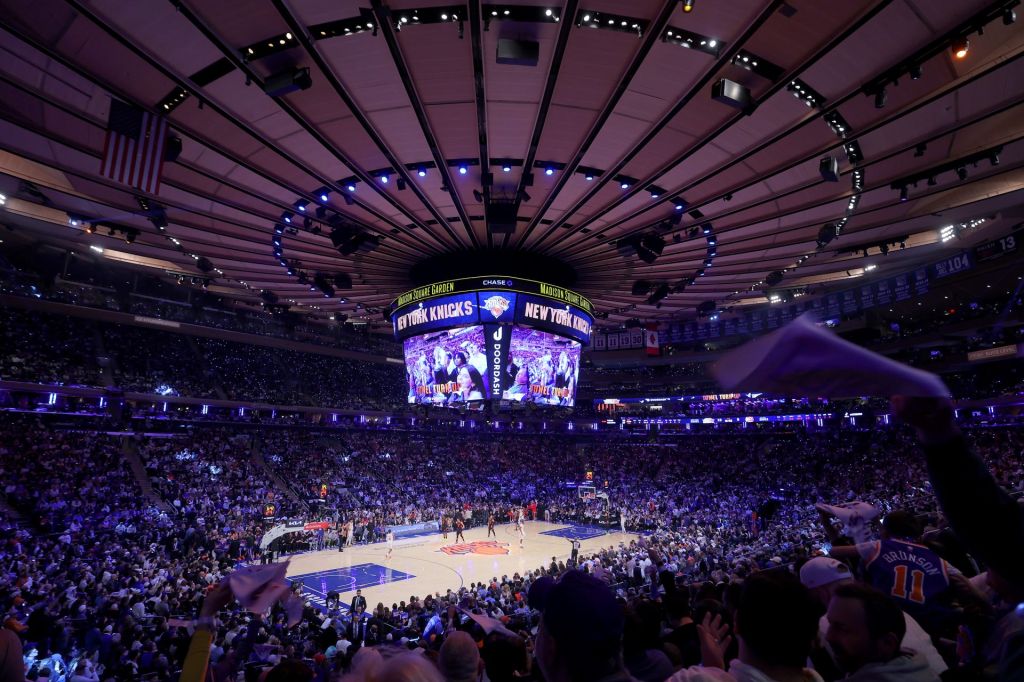 Apr 28, 2026; New York, New York, USA; General view of Madison Square Garden as fans wave their rally towels during the first quarter of game five of the first round of the 2026 NBA Playoffs between the New York Knicks and Atlanta Hawk