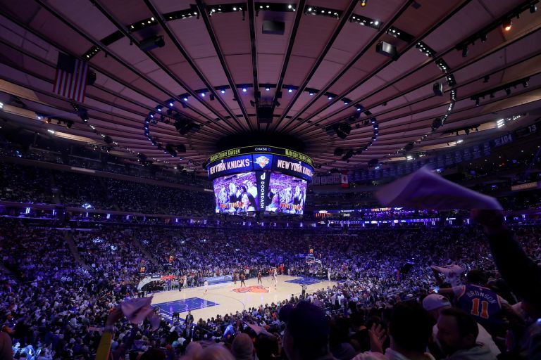 Apr 28, 2026; New York, New York, USA; General view of Madison Square Garden as fans wave their rally towels during the first quarter of game five of the first round of the 2026 NBA Playoffs between the New York Knicks and Atlanta Hawk
