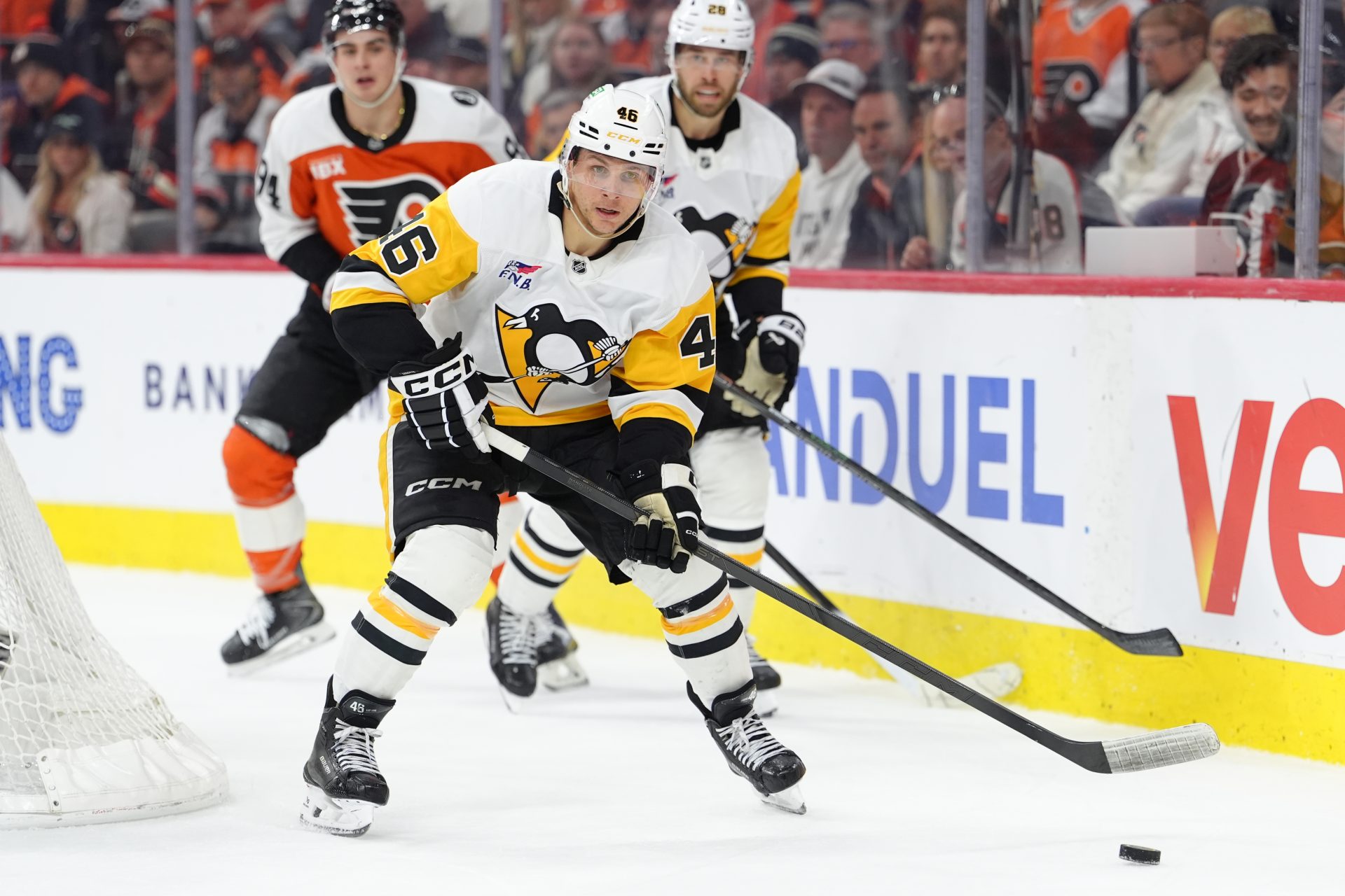 Apr 29, 2026; Philadelphia, Pennsylvania, USA; Pittsburgh Penguins center Blake Lizotte (46) controls the puck against the Philadelphia Flyers in the first period in game six of the first round of the 2026 Stanley Cup Playoffs at Xfinity Mobile Arena.