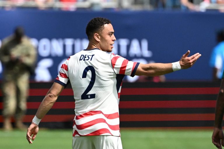 May 31, 2026; Charlotte, North Carolina, USA; United States defender Sergino Dest reacts in the first half at Bank of America Stadium