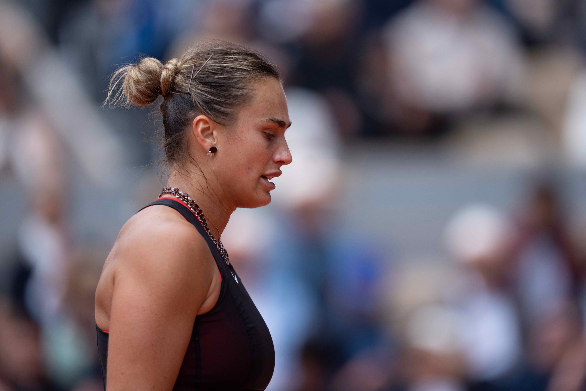 Jun 3, 2026; Paris, France; Aryna Sabalenka during her match against Diana Shnaider on day 11 at Stade Roland Garros.