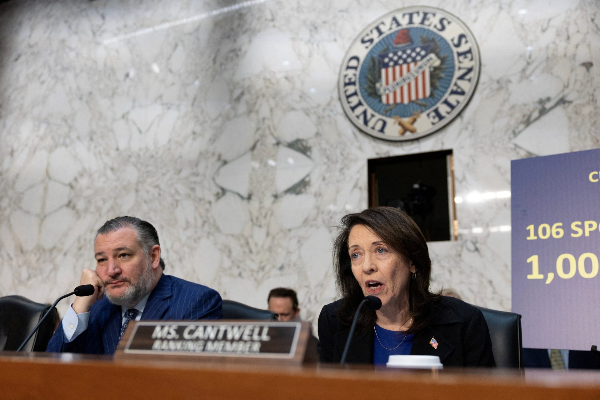 Sen. Ted Cruz (R-TX) listens as Sen. Maria Cantwell (D-WA) speaks during a hearing on the “Protect College Sports Act” before the Senate Commerce Committee, on Capitol Hill in Washington, D.C., U.S., June 3, 2026.