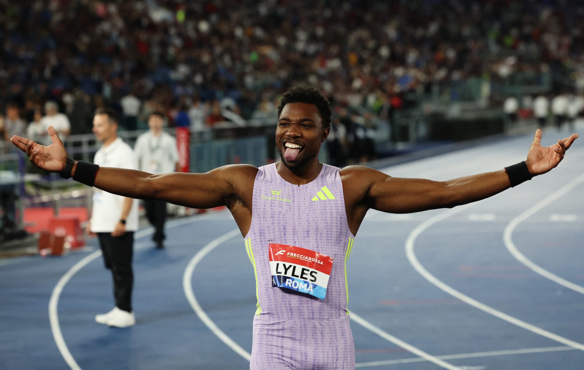 Athletics - Diamond League - Rome - Stadio Olimpico, Rome, Italy - June 4, 2026 Noah Lyles of the U.S. celebrates after winning the men's 100m final
