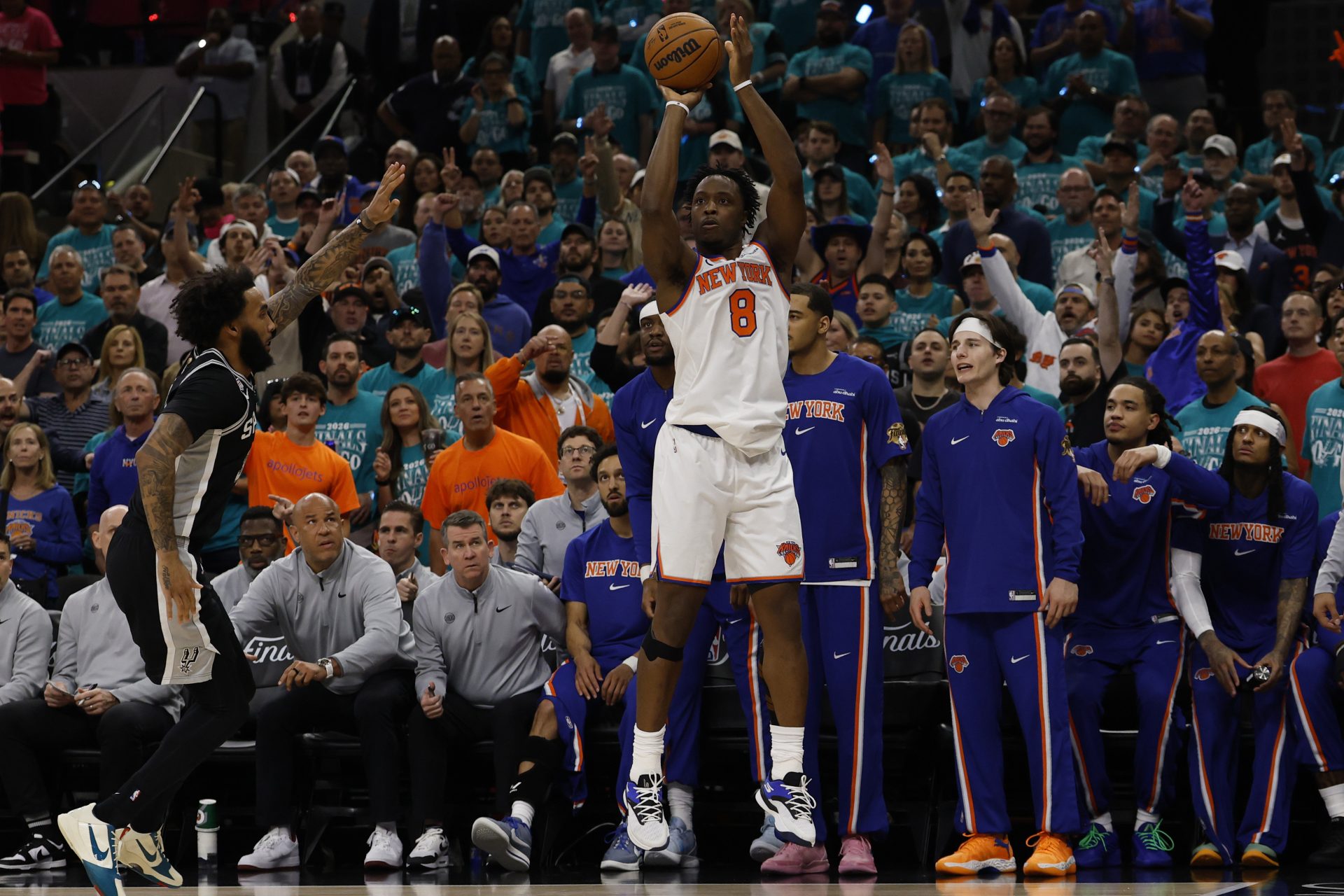 Jun 3, 2026; San Antonio, Texas, USA; New York Knicks forward Og Anunoby (8) shoots the ball against the San Antonio Spurs during game one of the 2026 NBA Finals at Frost Bank Center.