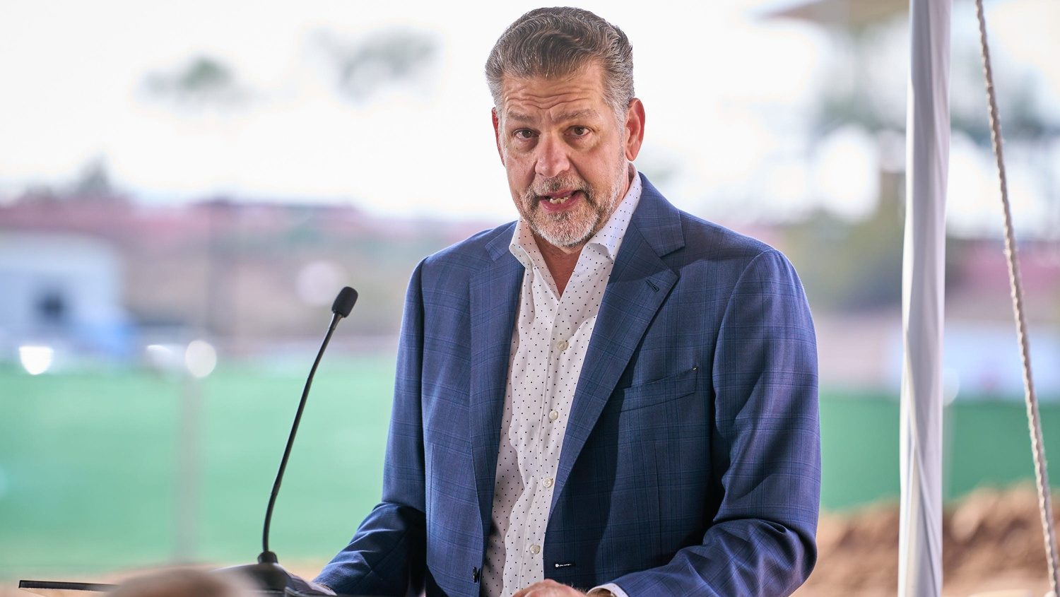 Dec 5, 2022; Scottsdale, AZ, USA; Mike Golic addresses the crowd during the DraftKings Sportsbook groundbreaking ceremony at the TPC Scottsdale Champions Course on Monday, Dec. 5, 2022. Mandatory Credit: Alex Gould/The Republic