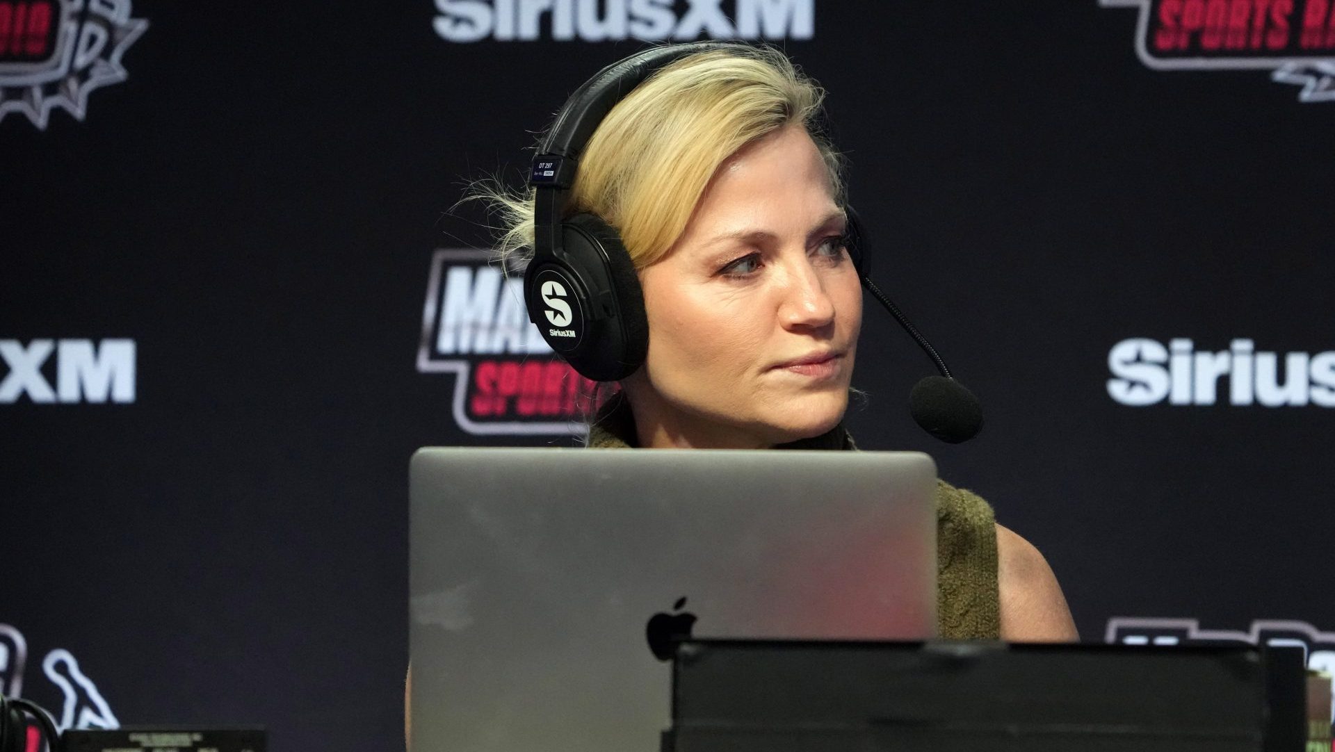 Feb 8, 2024; Las Vegas, NV, USA; Michelle Beadle on the Sirius XM Mad Dog Sports radio set at the Super Bowl 58 media center at the Mandalay Bay resort and casino. Mandatory Credit: Kirby Lee-USA TODAY Sports