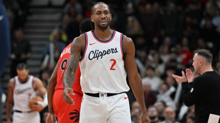 Feb 2, 2025; Toronto, Ontario, CAN; Los Angeles Clippers forward Kawhi Leonard (2) walks off the floor after time out was called in the second half against the Toronto Raptors at Scotiabank Arena. Mandatory Credit: Dan Hamilton-Imagn Images