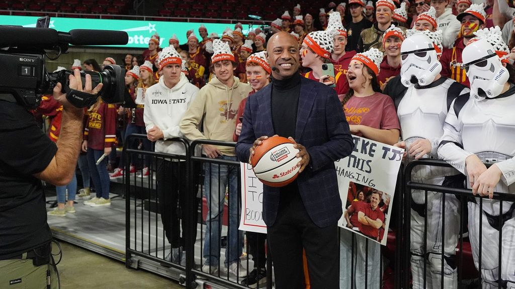 ESPN College GameDay crew Jay Williams talks during ESPN's College GameDay show ahead of the game between the Iowa State Cyclone and TCU Horned Frogs at Hilton Coliseum on Feb. 8, 2025 in Ames, Iowa