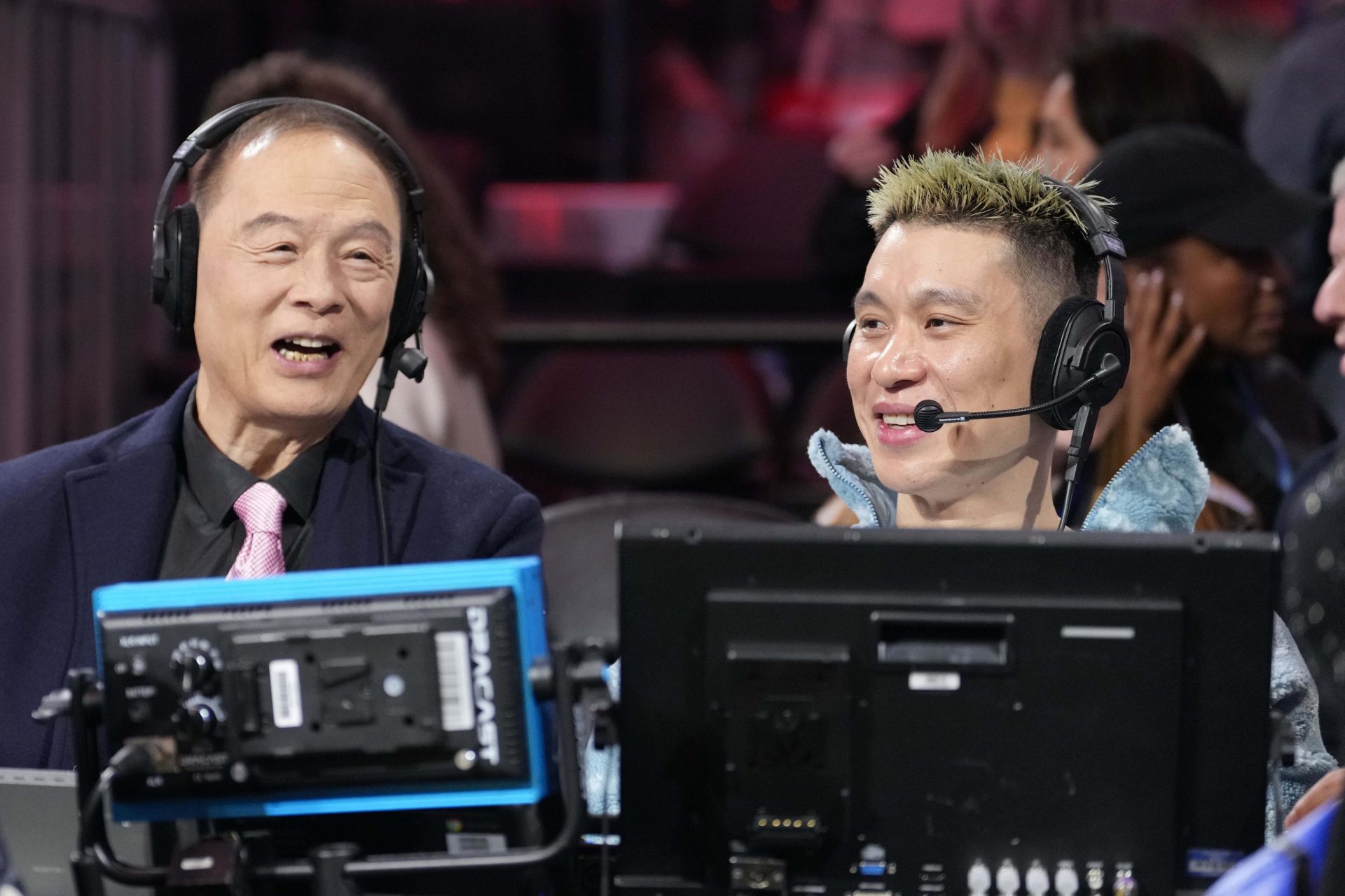 Feb 15, 2025; San Francisco, CA, USA; Former NBA player Jeremy Lin (right) looks on during in the skills challenge during All Star Saturday Night ahead of the 2025 NBA All Star Game at Chase Center.