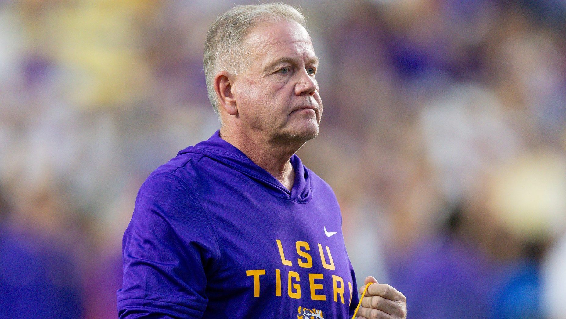Oct 11, 2025; Baton Rouge, Louisiana, USA; LSU Tigers head coach Brian Kelly looks on against the South Carolina Gamecocks during the first half at Tiger Stadium. Mandatory Credit: Stephen Lew-Imagn Images