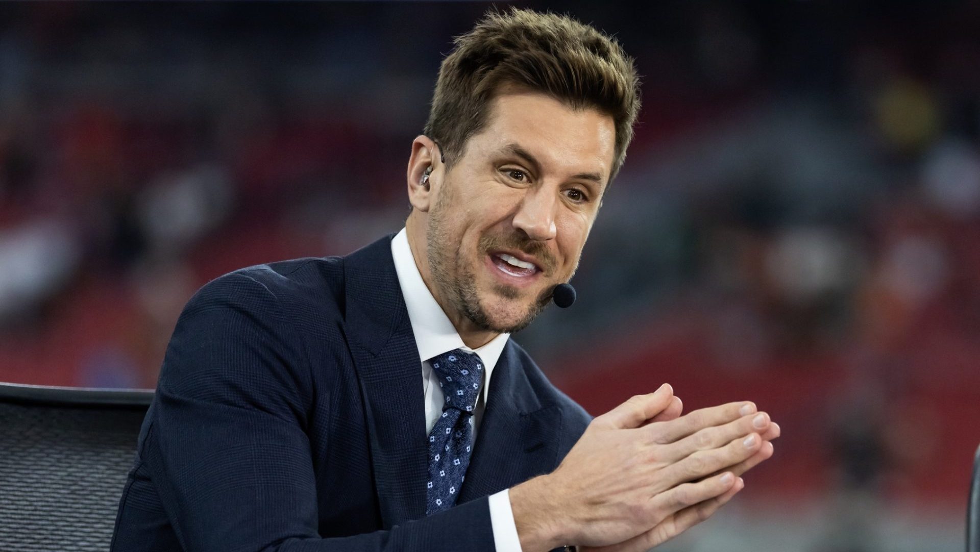 Jan 8, 2026; Glendale, AZ, USA; ESPN personality Jordan Rodgers during 2026 Fiesta Bowl and semifinal game of the College Football Playoff at State Farm Stadium. Mandatory Credit: Mark J. Rebilas-Imagn Images