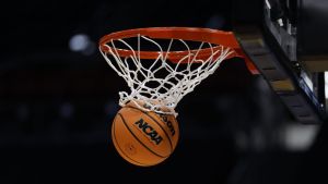 Mar 16, 2026; Dayton, OH, USA; Detailed view of the “NCAA” logo during the Howard Bison a practice session ahead of the first four of the men's 2026 NCAA Tournament at University of Dayton Arena. Mandatory Credit: Rick Osentoski-Imagn Images