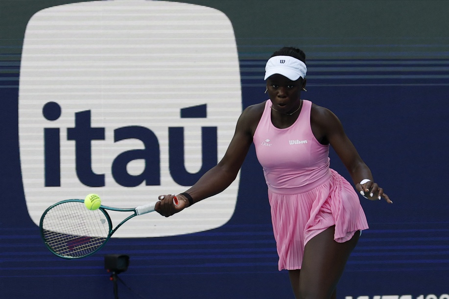 Mar 24, 2026; Miami Gardens, FL, USA; Victoria Mboko (CAN) hits a forehand against Karolina Muchova (CZE) (not pictured) on day eight of the 2026 Miami Open at Hard Rock Stadium.
