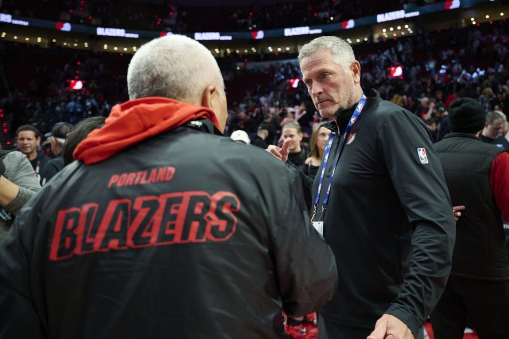 Apr 2, 2026; Portland, Oregon, USA; Tom Dundon, owner of the Portland Trail Blazers, visits with fans after a game against the New Orleans Pelicans at Moda Center.