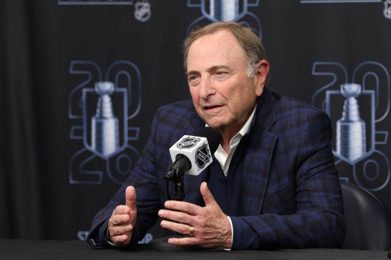 Apr 24, 2026; Salt Lake City, Utah, USA; NHL commissioner Gary Bettman speaks to the media before game three of the first round of the 2026 Stanley Cup Playoffs between the Utah Mammoth and the Vegas Golden Knights at Delta Center.