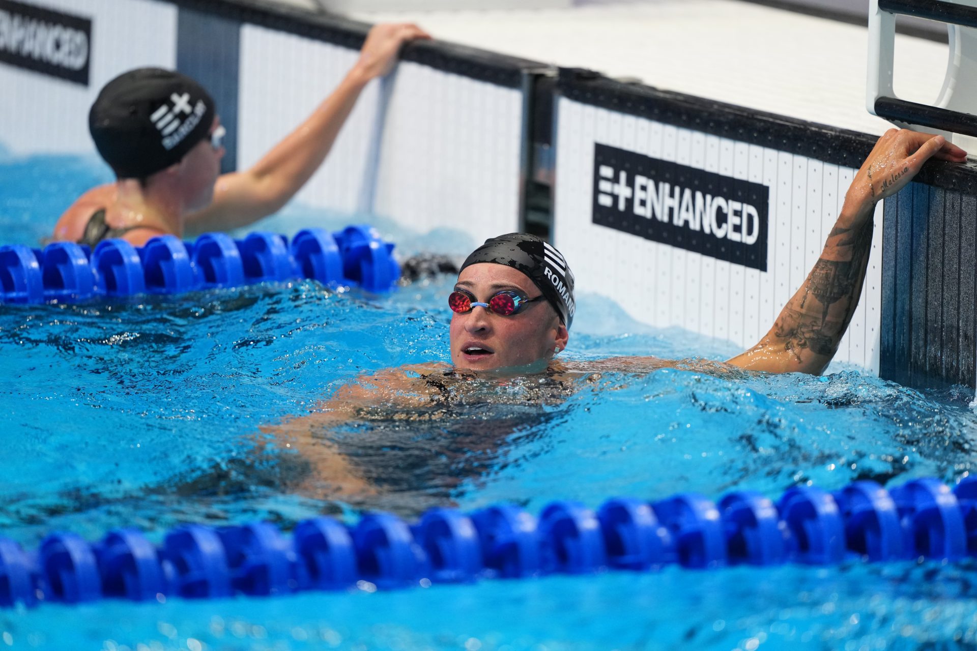 May 24, 2026; Las Vegas, NV, USA; Megan Romano (USA) reacts after winning the women's 100m freestyle in 54.28 during the Enhanced Games at Resorts World Las Vegas.